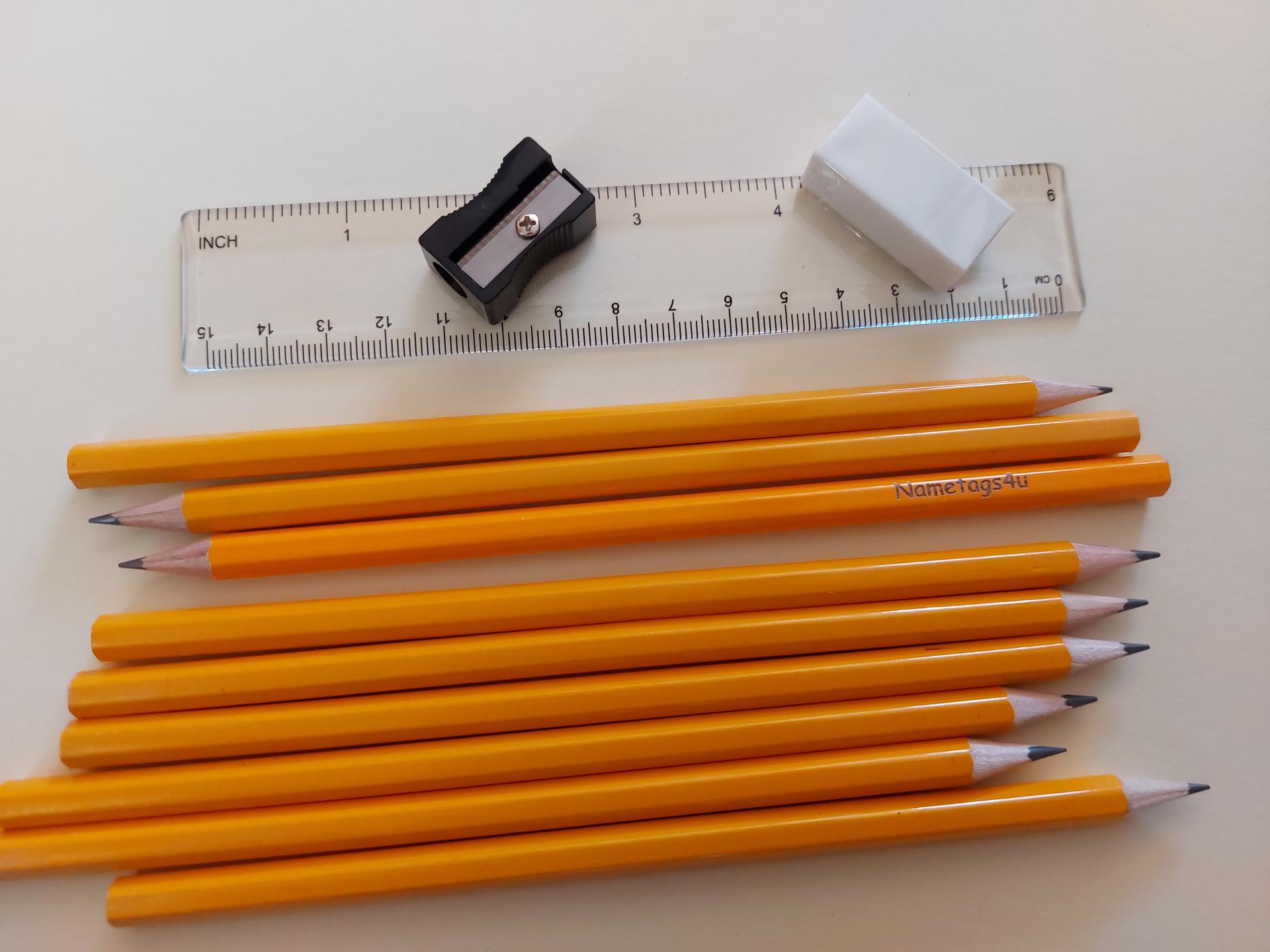 8 Engraved Writing Pencils + Rubber, Sharpener & Ruler